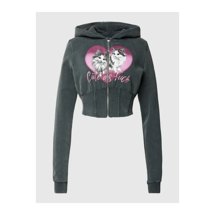 Retro Kedili Fermuarlı Crop Sweatshirt