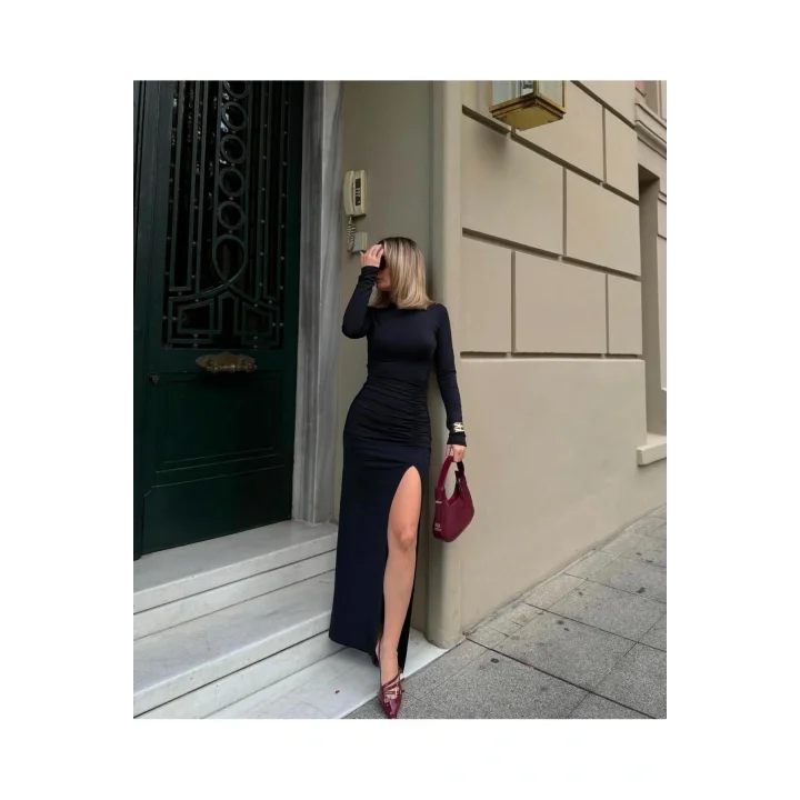 Uzun Yırtmaçlı Drape Elbise