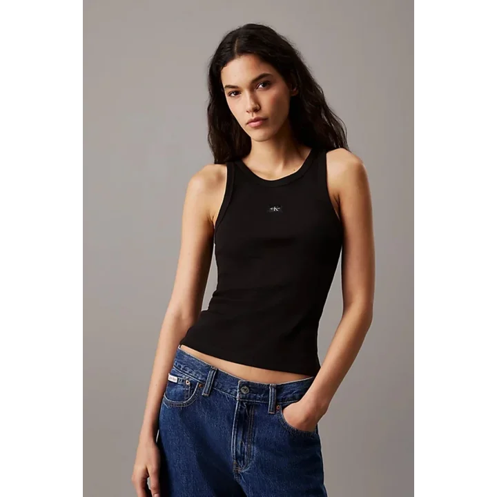 CKL Streç Slim Fit Bisiklet Yaka Body Beyaz Ribanalı Halter Yaka Crop Top