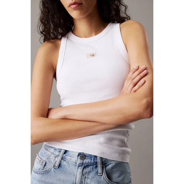 CKL Streç Slim Fit Bisiklet Yaka Body Beyaz Ribanalı Halter Yaka Crop Top