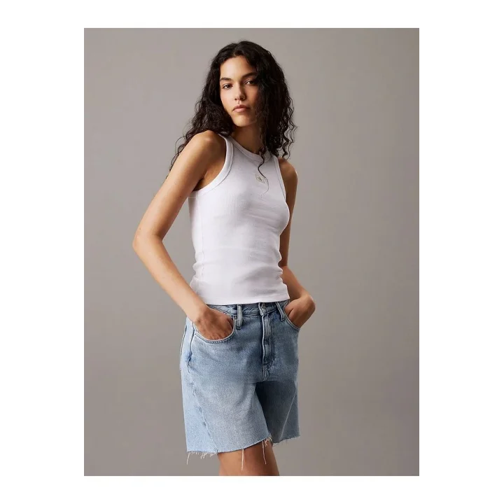 CKL Streç Slim Fit Bisiklet Yaka Body Beyaz Ribanalı Halter Yaka Crop Top