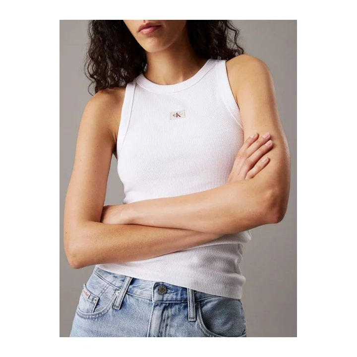 CKL Streç Slim Fit Bisiklet Yaka Body Beyaz Ribanalı Halter Yaka Crop Top