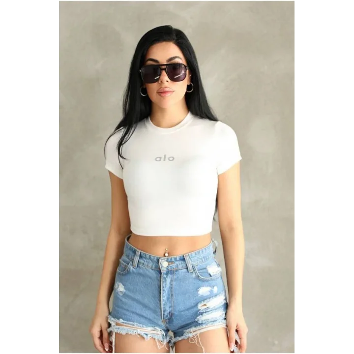 Kadın Bisiklet Yaka Kısa Kollu Basic Crop Top Tişört