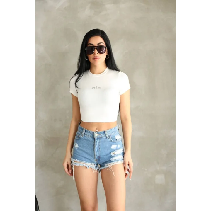 Kadın Bisiklet Yaka Kısa Kollu Basic Crop Top Tişört