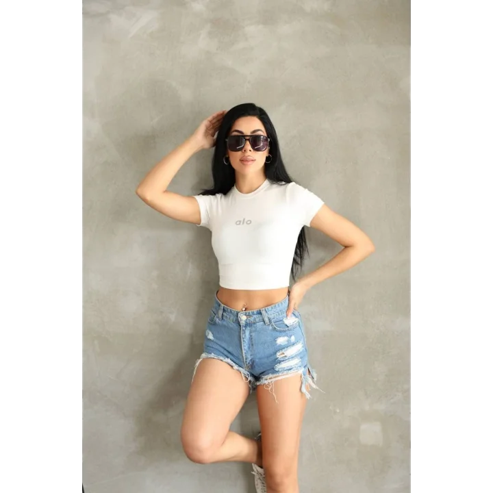 Kadın Bisiklet Yaka Kısa Kollu Basic Crop Top Tişört