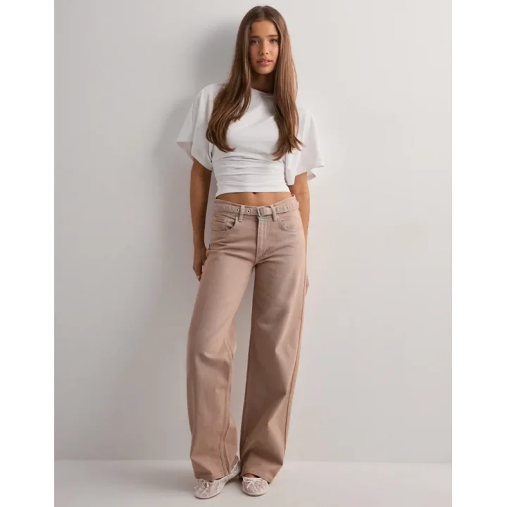 Bej Eskitme Baggy Jean Streç Beş Cep Pantolon