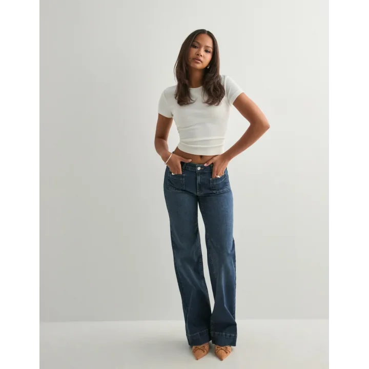 Koyu Mavi Orta Bel Cepli Kot Pantolon Çizme Paça Jean