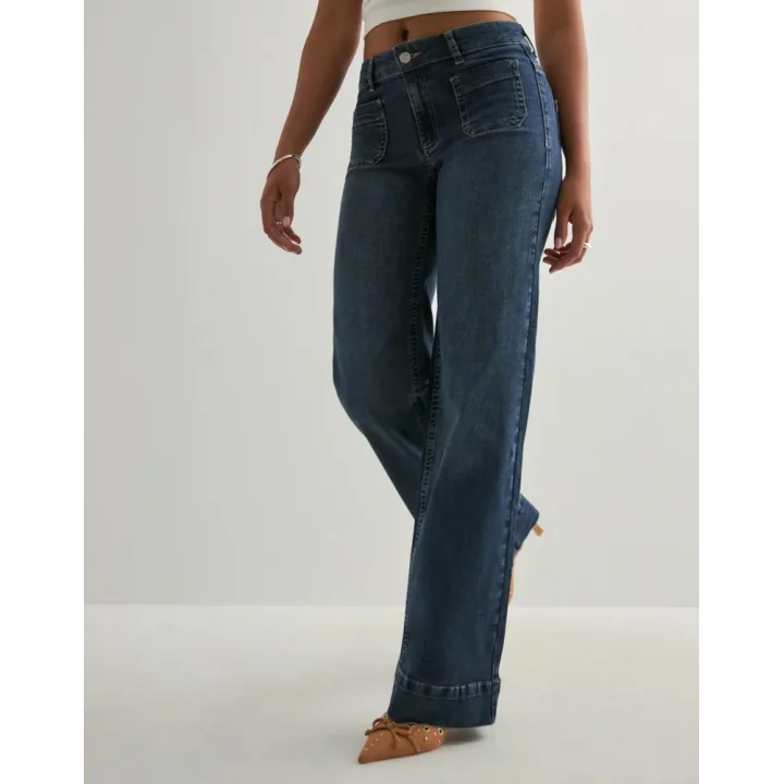 Koyu Mavi Orta Bel Cepli Kot Pantolon Çizme Paça Jean