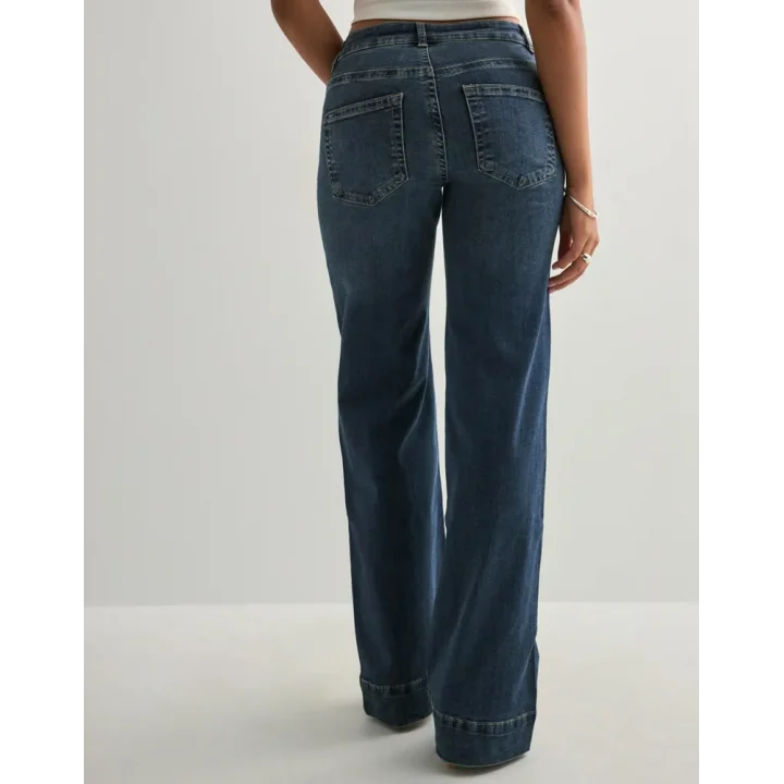 Koyu Mavi Orta Bel Cepli Kot Pantolon Çizme Paça Jean