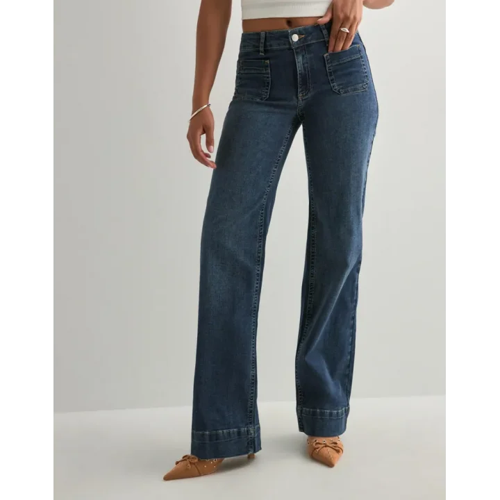 Koyu Mavi Orta Bel Cepli Kot Pantolon Çizme Paça Jean