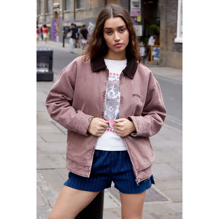 Unisex Gül Kurusu Kadife Yakalı Kürk Astar Detaylı Oversize Tuval Bomber Ceket