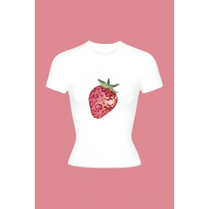 Beyaz Çilek Baskılı Basic Baby Tee Tişört