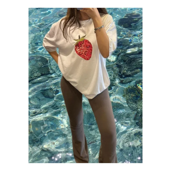 Beyaz Çilek Baskılı Oversize Unisex T-Shirt