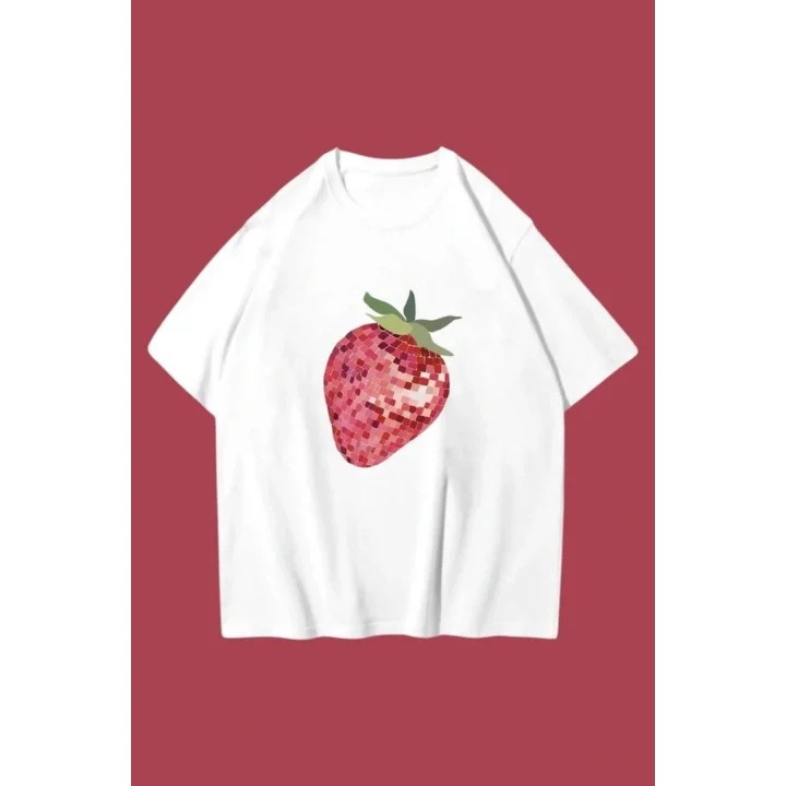 Beyaz Çilek Baskılı Oversize Unisex T-Shirt