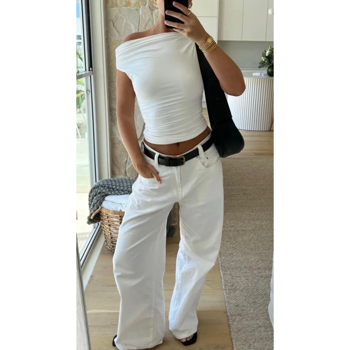 Beyaz Düşük Bel Bol Kot Pantolon