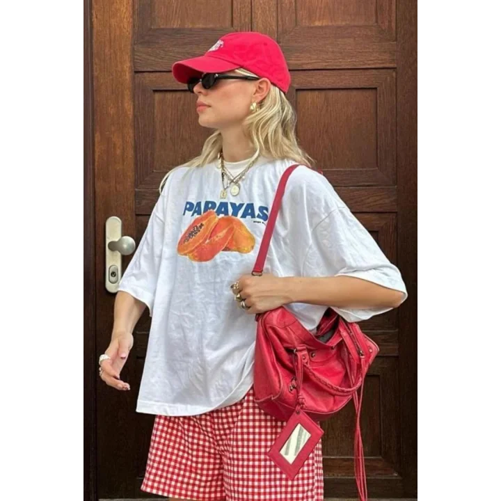 Beyaz Papaya Baskılı Oversize Unisex T-Shirt