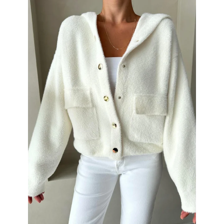 Beyaz Yumoş Kapüşonlu Ceket