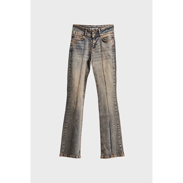 Bootcut Midrise Orta Bel Esnek Elastan Kumaş Denim Jean Mavi Eskitme Nervür Dikişli Likralı Jean Pantolon