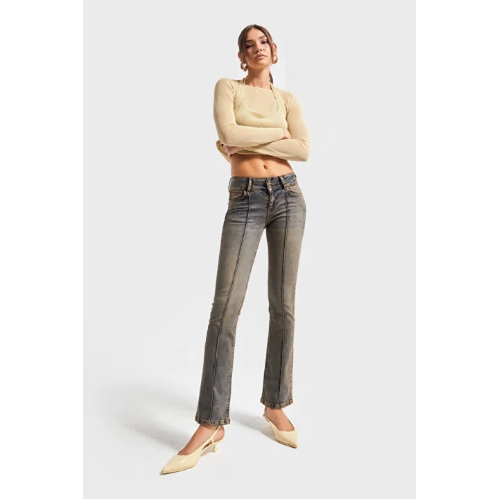 Bootcut Midrise Orta Bel Esnek Elastan Kumaş Denim Jean Mavi Eskitme Nervür Dikişli Likralı Jean Pantolon
