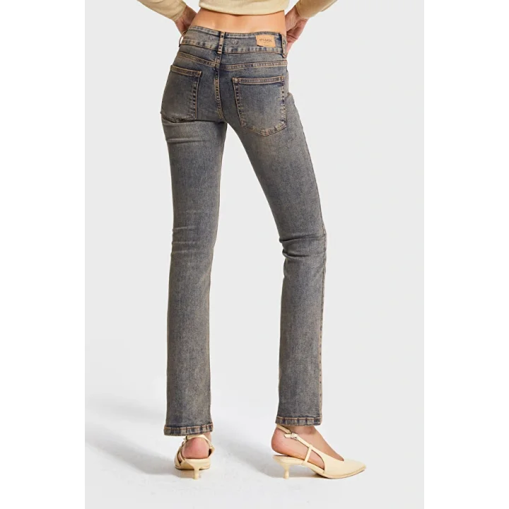 Bootcut Midrise Orta Bel Esnek Elastan Kumaş Denim Jean Mavi Eskitme Nervür Dikişli Likralı Jean Pantolon