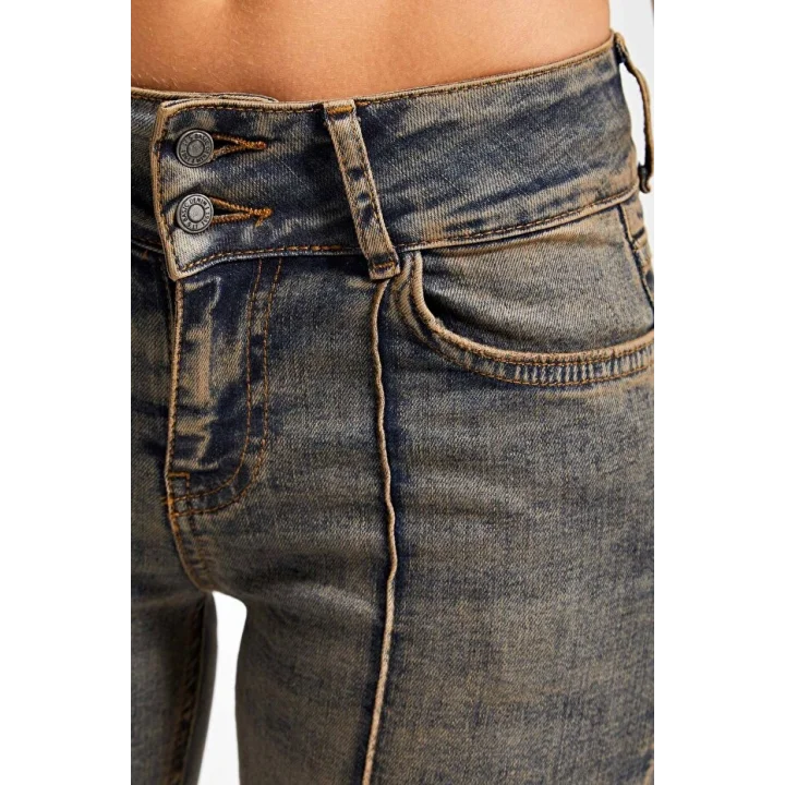 Bootcut Midrise Orta Bel Esnek Elastan Kumaş Denim Jean Mavi Eskitme Nervür Dikişli Likralı Jean Pantolon