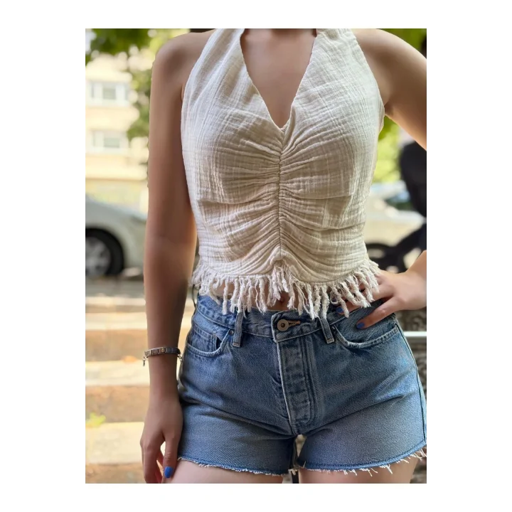 Boyundan Bağlamalı Püsküllü Keten-Pamuk Crop Bluz – Ekru