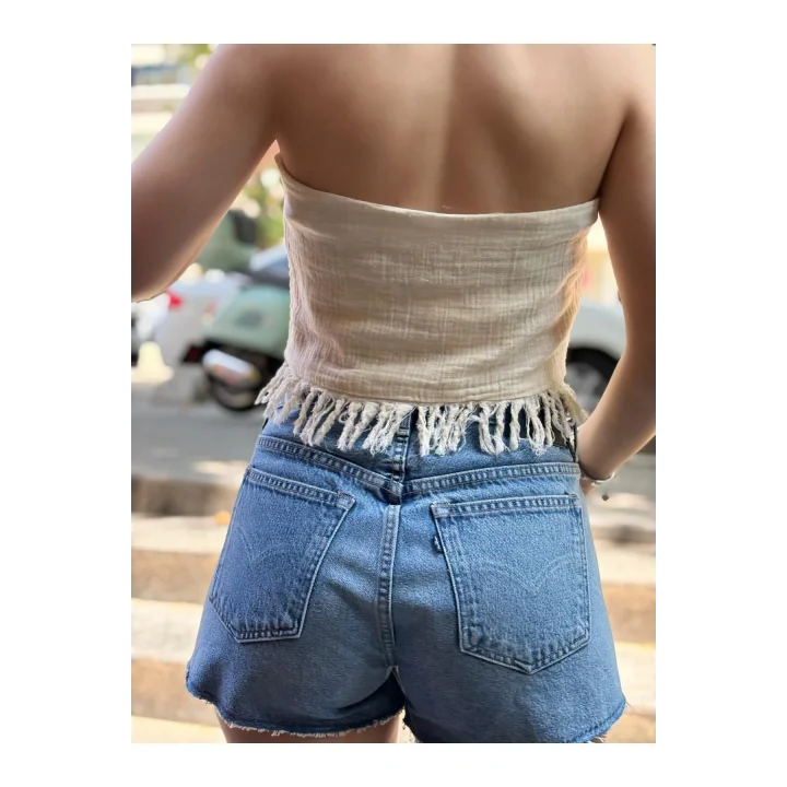 Boyundan Bağlamalı Püsküllü Keten-Pamuk Crop Bluz – Ekru