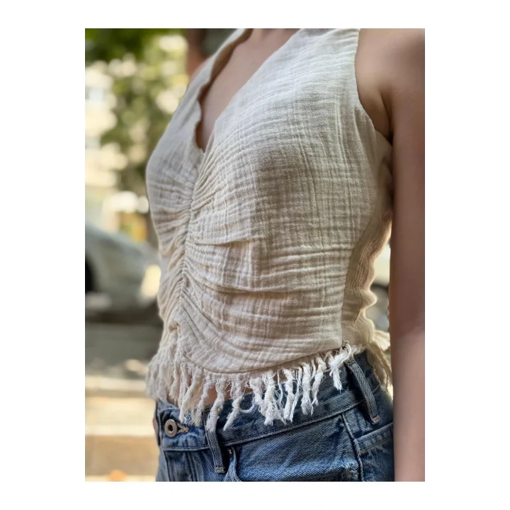 Boyundan Bağlamalı Püsküllü Keten-Pamuk Crop Bluz – Ekru