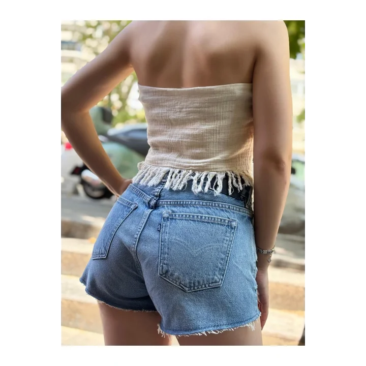 Boyundan Bağlamalı Püsküllü Keten-Pamuk Crop Bluz – Ekru