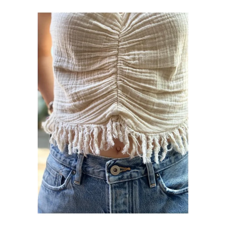 Boyundan Bağlamalı Püsküllü Keten-Pamuk Crop Bluz – Ekru