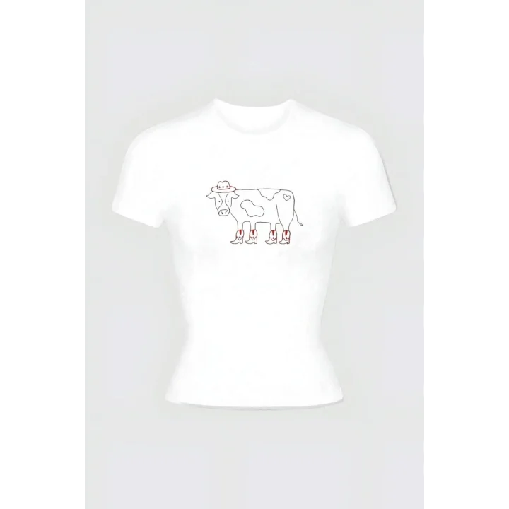 Cowboy Cow Baskılı Kadın Tam Boy Crop Bluz Pamuklu T-Shirt
