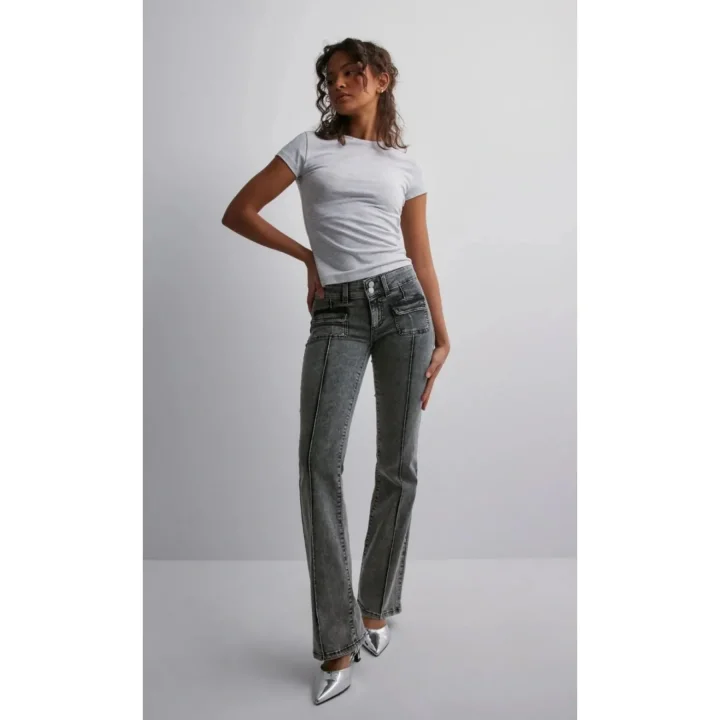 Düşük Bel Gri Bootcut Cep Kot Pantolon