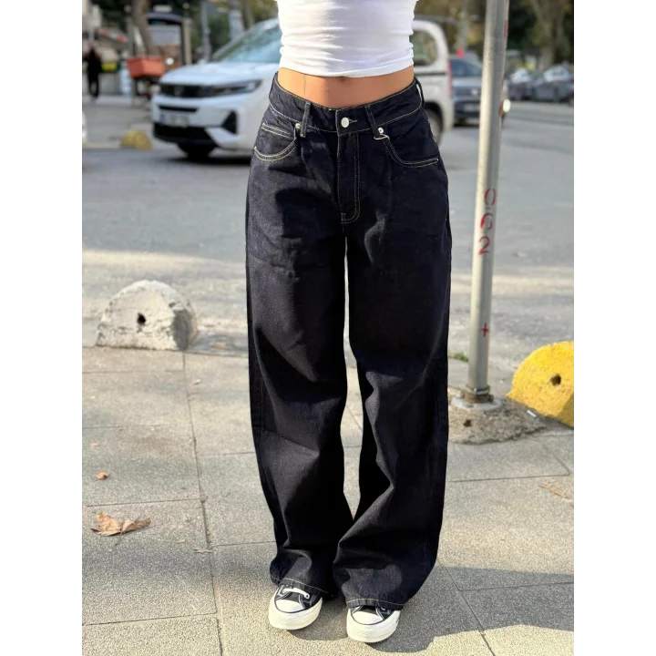 Düşük Bel Koyu Denim Ekstra Baggy Jean Pantolon