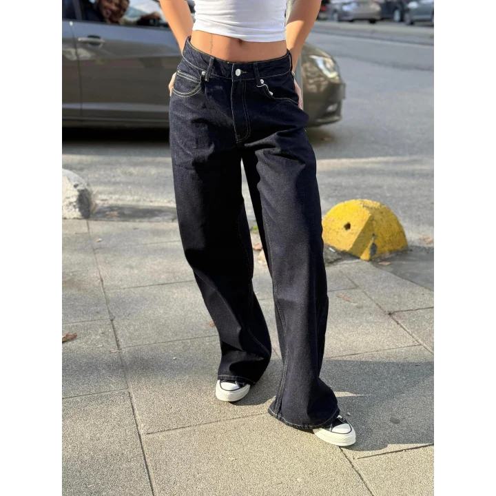 Düşük Bel Koyu Denim Ekstra Baggy Jean Pantolon
