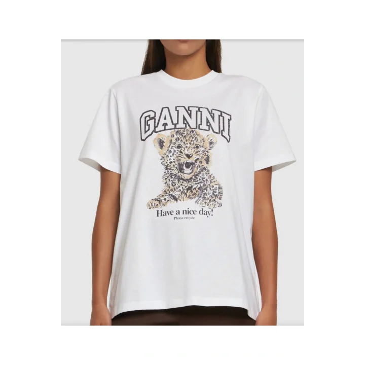 GANNI Beyaz Basic Jersey Leopar Tişört