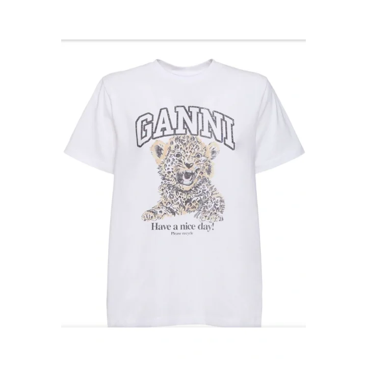 GANNI Beyaz Basic Jersey Leopar Tişört