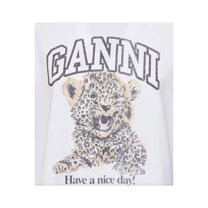 GANNI Beyaz Basic Jersey Leopar Tişört