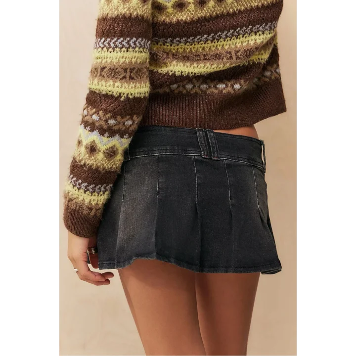 İki Düğmeli Mini Pileli Denim Etek