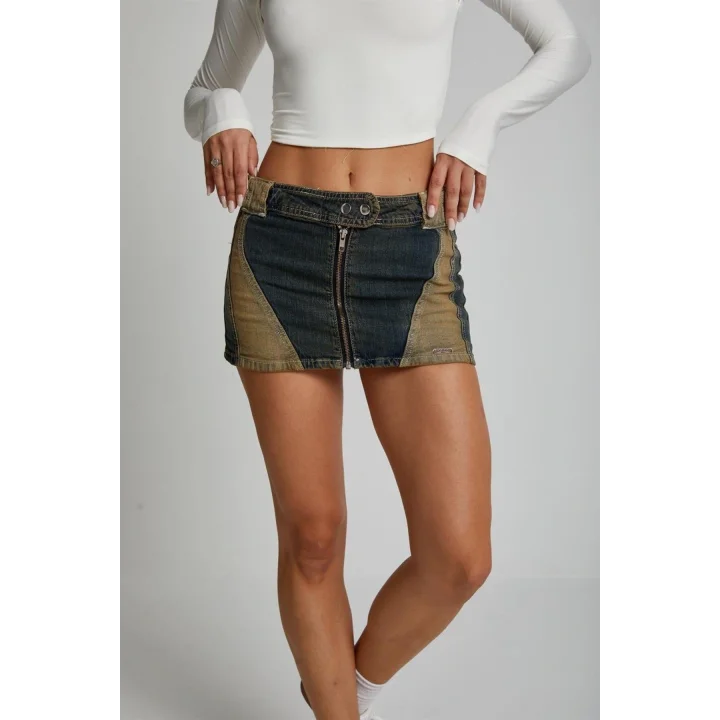 İki Renkli Mini Denim Etek