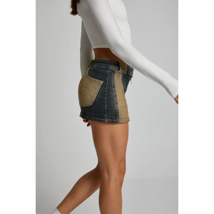İki Renkli Mini Denim Etek