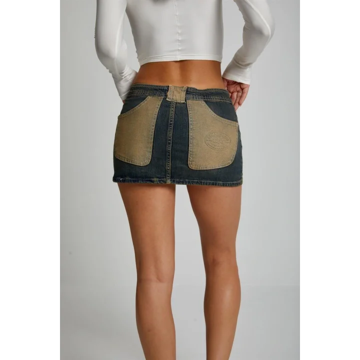 İki Renkli Mini Denim Etek