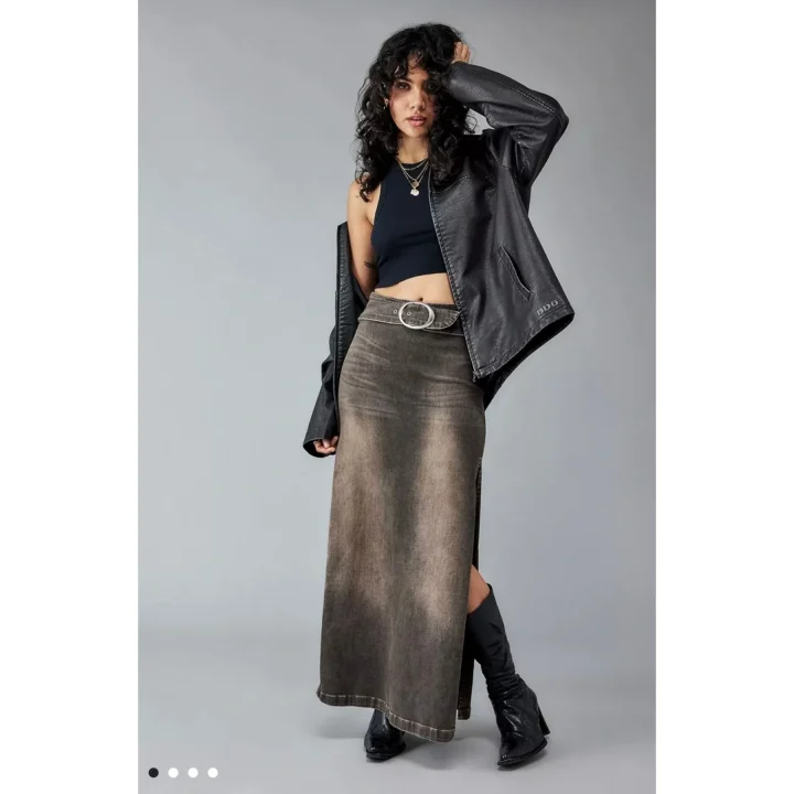 İki Yanı Yırtmaçlı Kemerli Denim Maxi Etek Kahve