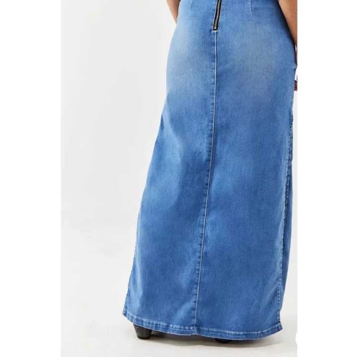 İki Yanı Yırtmaçlı Kemerli Denim Maxi Etek Mavi