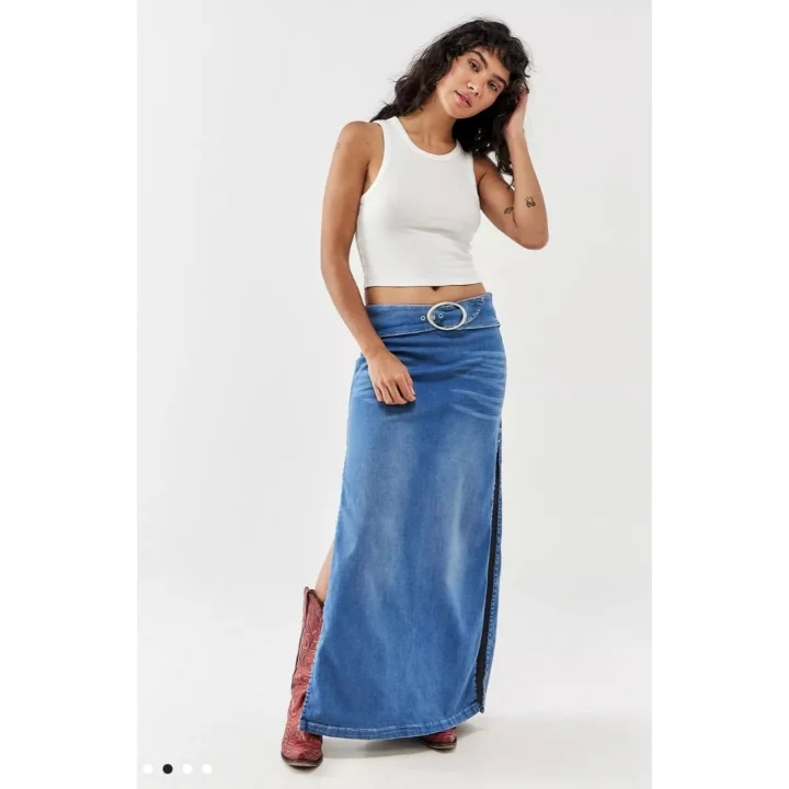 İki Yanı Yırtmaçlı Kemerli Denim Maxi Etek Mavi