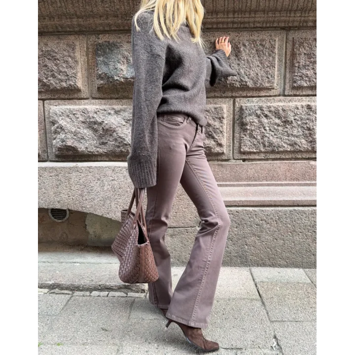 Kadın Kahve Düşük Bel Bootcut Stitch Pantolon Jean