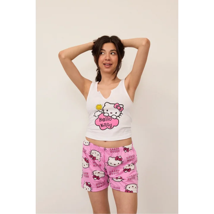 Kadın Pembe Hello Kitty Genç Baskılı Şortlu Pijama Takımı