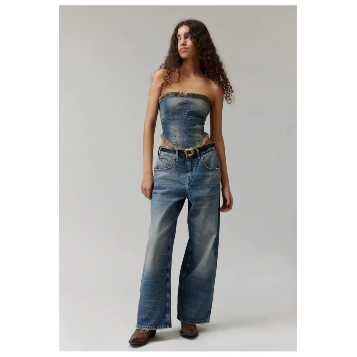 Kesik Detay Denim Eskitme Korse