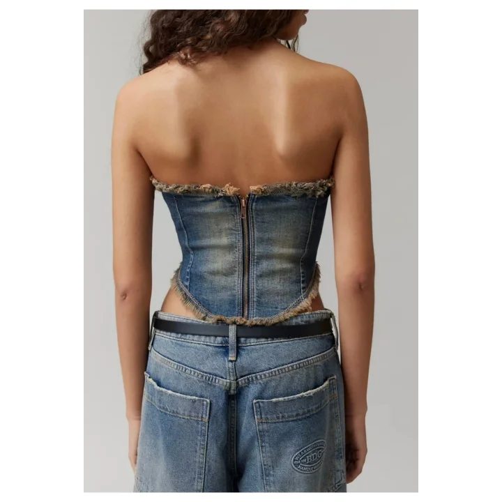 Kesik Detay Denim Eskitme Korse