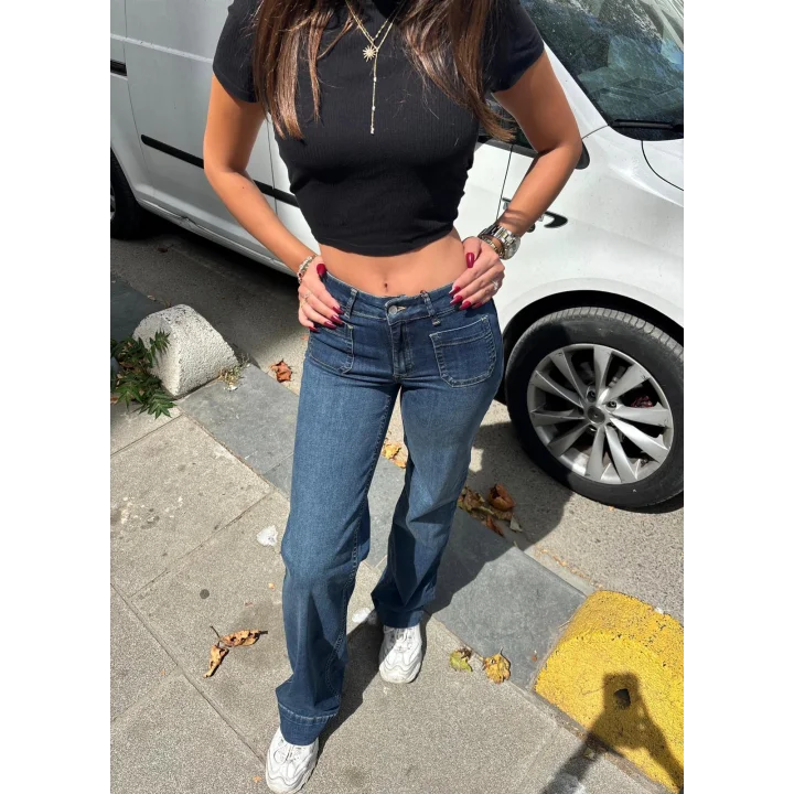 Koyu Mavi Orta Bel Cepli Kot Pantolon Çizme Paça Jean