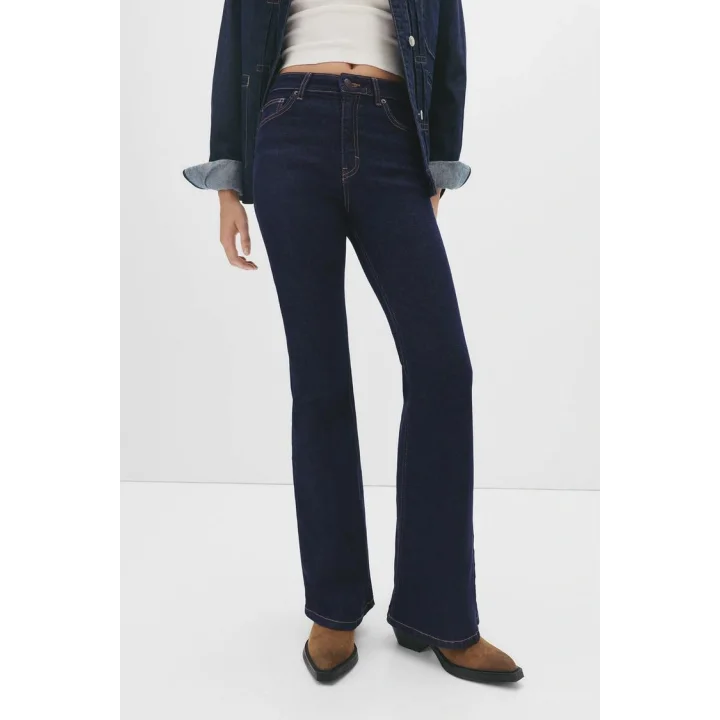 Düşük Bel İspanyol Koyu Yıkama Denim Geniş Paça Flared Jean Retro Stil